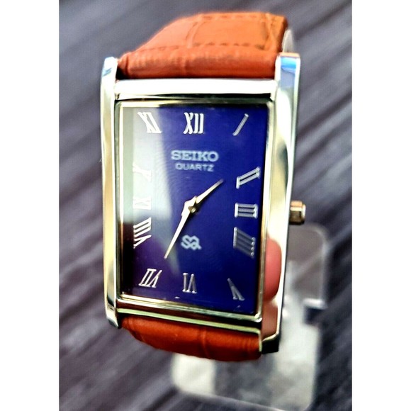 RARE NOS Seiko Men Tank Rectangular Blue Dial Leather band Dress Watch B… - Picture 2 of 9